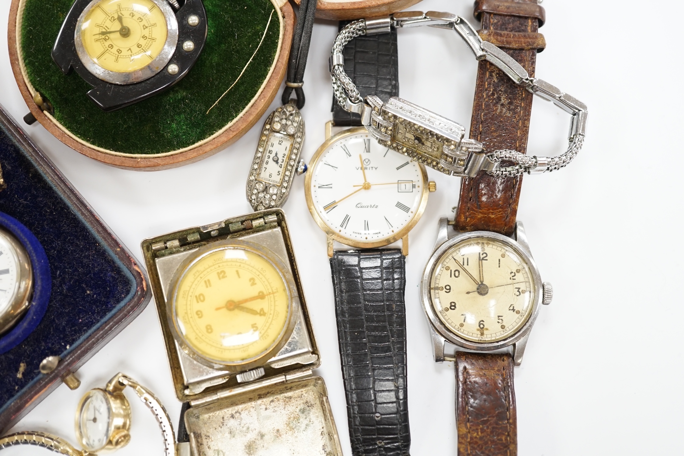 A small group of assorted wrist watches including Ingersoll and A.T.P. military, a Rolex watch movement and a silver pocket watch.